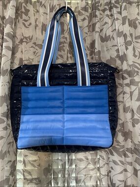 THINK ROYLN Quilted Blue Tote with Navy Patent Sides and Striped Handles